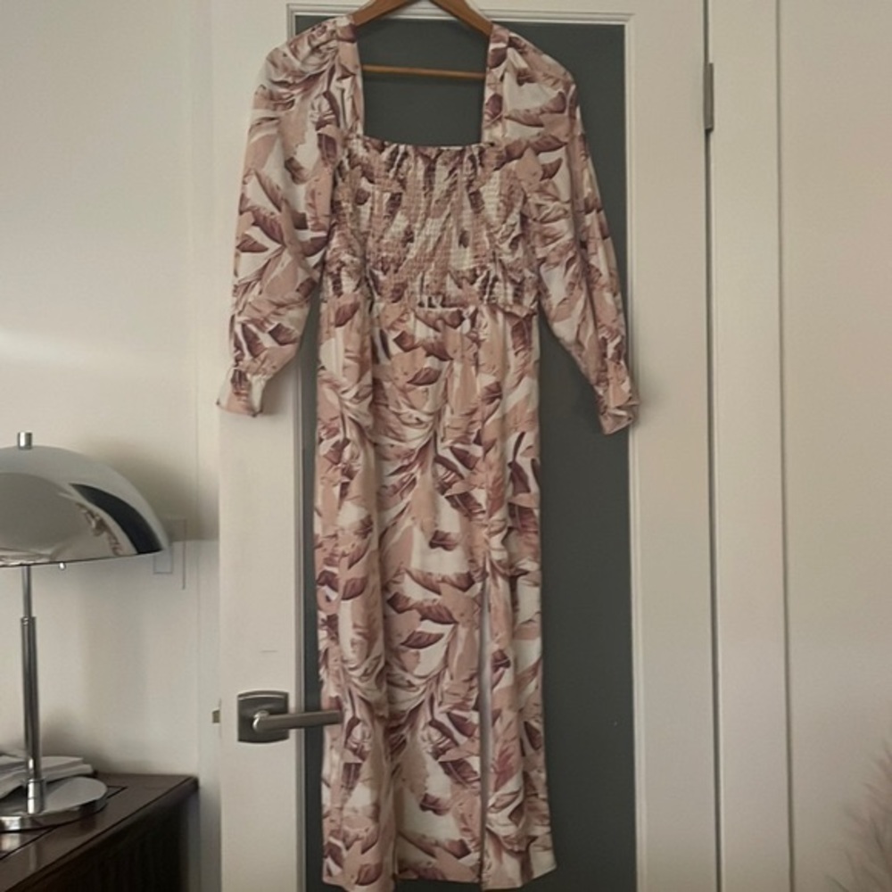 House of Harlow 1960 floral long sleeve linen dress with smocked bodice and slit